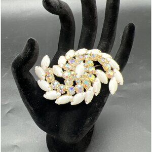Vintage Aurora Borealis Rhinestone Milk Glass Large Swirl 3" Brooch Pin